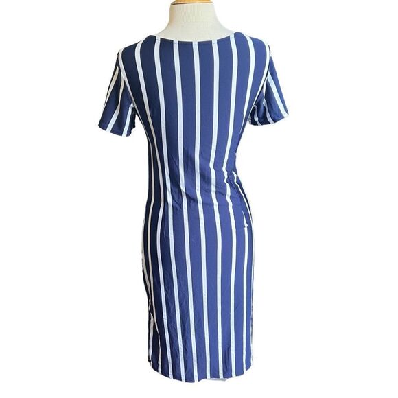 Navy Blue White Stretchy Short Sleeve MIDI Knee Length Pencil Bodycon Dress - Picture 2 of 2